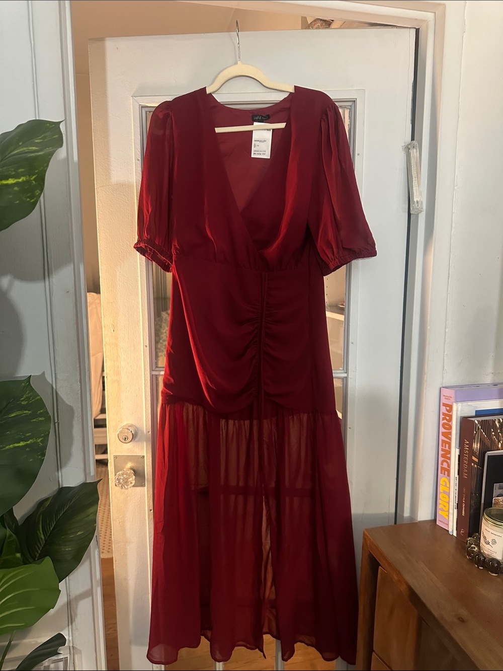 Wishlist Apparel Deep Red Midi Dress with Sheer Skirt